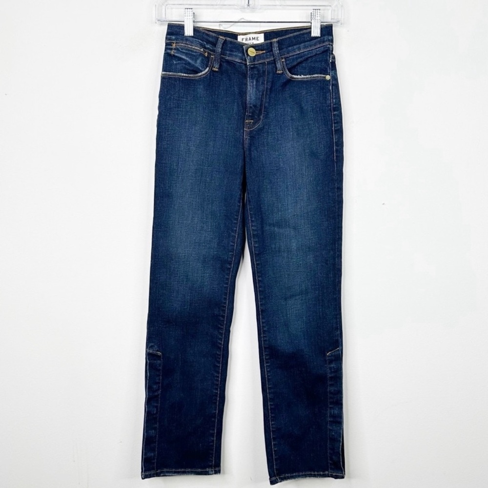 FRAME Le High‎ Straight-Leg Dark Wash Snap-Hem Meribel Denim Jeans Sz. 24 - Picture 3 of 5